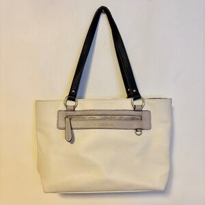 Liz Claiborne Jess Shopper Faux Leather Tote Bag Purse Cream Black Handles